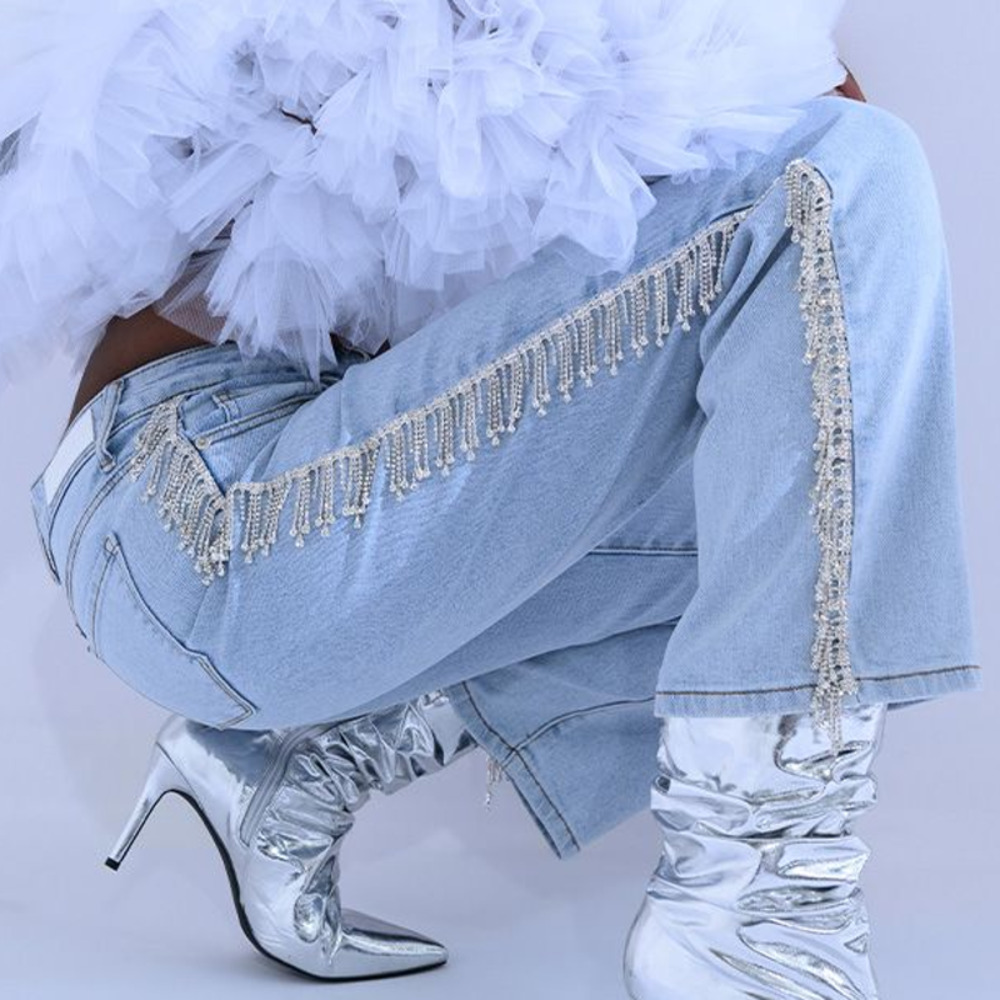Akira | Feeling Like a Star Rhinestone Fringe HEAVY BLING Wide-Leg Jeans